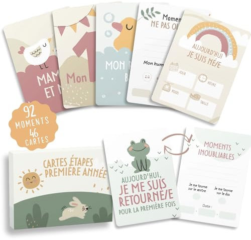 HuBorns - Carte Etape Bebe pour Suivre les Étapes les Plus Importantes, 46 Carte Mois par Mois Bebe à Offrir comme Cadeau Bebe Naissance, Cartes Etapes Bébé (Français)