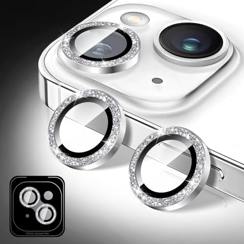 Kucheed Bling Camera Lens Protector Compatible for iPhone 15/15 Plus, Glitter Tempered Glass Camera Cover Film Stickers, Sparkling Automatic Alignment Individual Metal Rings Phone Accessories