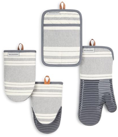 KITCHENAID Vintage Stripe Oven Mitt, Mini Oven Mitt & Pot Holder 4-Pack, 100% Cotton, Heat Resistant, Charcoal Grey/Ivory, 7x14, 5.5x9 & 7x10