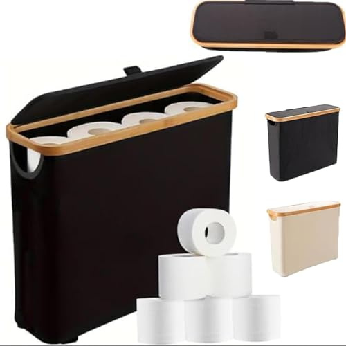 Toilet Roll Storage, Toilet Paper Storage, Bathroom Storage Box Holder Stand with Lid, Multifunctional Toilet Paper Basket Cabinet for 12 Mega Rolls, Bathroom Storage Basket (Black)
