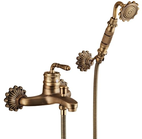 Rubinetto Vasca Da Bagno Miscelatore Vasca Da Bagno Antico Vintage Stile Ottone Monocomando, Rubinetto Doccia Da Muro Con Doccetta E Flessibile Doccia Da 1,5 M, Bronzo