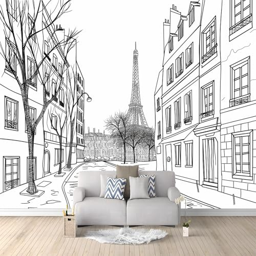 Papier Peint Intissé Panoramique Moderne - Rues De Paris Dessiné À La Main 400x280 cm - Tableaux Muraux Tapisserie Photo pour Salon, Chambre, Fond Décor TV