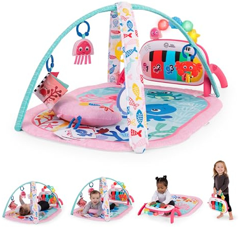 Baby Einstein Ocean Explorers 4-in-1 Play Gym & Tummy Time Mat, Baby Play Mat with Kick Piano, Music & Language Discovery, Sensory Toys, Lights & Sounds, for Newborns & Up, Pink (Jellyfish Jamboree)