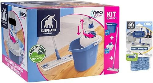ÉLÉPHANT Maison - Kit Neo Pulse - 2 Housses Incluses - Nettoyage Facile sans Effort & sans Se Mouiller Les Mains - Essorage Rotatif Rapide - Ultra Absorbant - Plastique Recyclé - Fabriqué en France