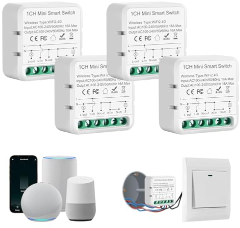 Alexa Lichtschalter Smart Life, Wlan Schalter Module, Smart Lichtschalter | 4 Stück Mini Smart Switch Kompatibel mit Sprachassistent Alexa, Smart Life, Tuya, Neutralleiter Erforderlich, 1 Weg, 2.4G