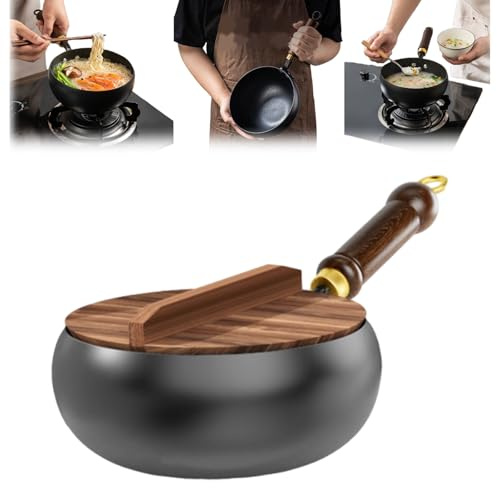 Poêle japonaise en fer avec couvercle en bois, 24 cm/28 cm, poêle japonaise antiadhésive forgée à la main, poêle en acier inoxydable non revêtue pour cuisson naturelle, cuisinière à gaz et à induction