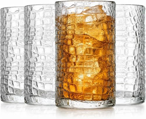 Glaver's Highball Lot de 4 verres transparents texturés à motif craquelé pour usage quotidien à la maison, au bar pour l'eau, le jus, les cocktails, les smoothies.