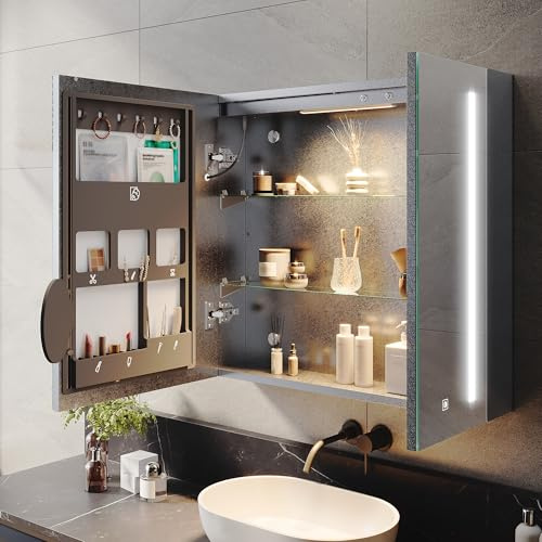 ELEGANT Bathroom Mirror Cabinet with LED Lights & Shaver Socket, 700x650mm | Fully Assembled, 3 Colors Dimmable, Concealed Storage, Adjustable Shelves, Illuminated Wall Mounted Bathroom Mirror Cabinet