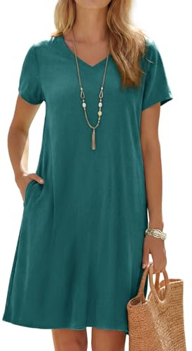 Enmain Vestito Lino Donna Estivo Maniche Corte Scollo V Verde Acqua Vestiti Midi Donna Estivi Elegante Casual Spiaggia con Tasche Abito Tinta Unita per Vacanze Senza Accessori XL