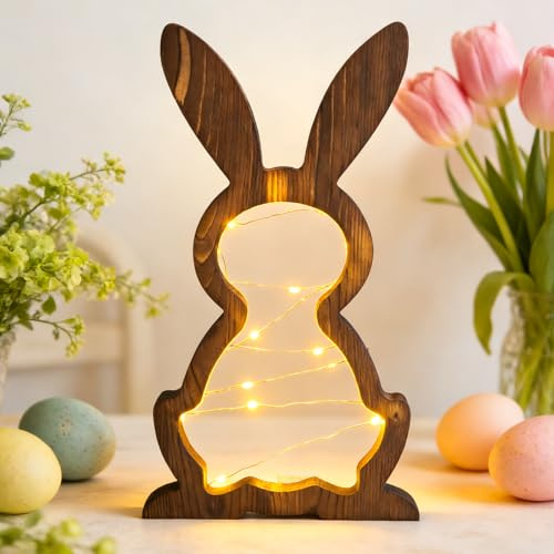 LED Osterhase Holz,Osterdeko Holz Hase mit LED Lichterkette,Modern Osterdeko für Osterbeleuchtung,Ostern Deko Beleuchtet,Frühlingsdeko Garten Tisch Dekoration