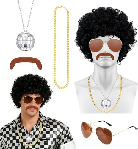 Afro Perücke Herren, 80er 90er Jahre Outfit Herrens Mit Wigs, Sonnenbrille, Disco-Kette, Bart, Rocker Perücke für Karneval Kostüm, Faschingskostüme Herren (Schwarz)