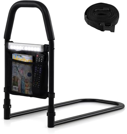COSTWAY Barandilla Cama Adulto, Luz de Sensor, Bolsillo de Almacenamiento, Barrera Cama para Ancianos, Personas Mayores, Asa Antideslizante y Correa de Fijación, Carga 136kg