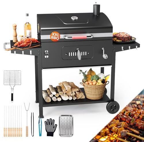 TRIUMPHKEY Grillwagen Smoker Holzkohlegrill XXL, Barbecue grill inklusive 71 × 43 cm Edelstahl Grillwagen für Outdoor Garten, Camping BBQ Smoker, mit Backblech-Zubehör