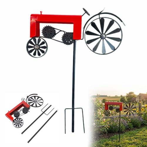Tractor Wind Spinner,Vintage Rustic Outdoor Stake Decoration,Metal Windmill Decoration with Vibrant Turn Wheels, for Flower Beds Lawns,Easy Assemble Measurement 27.56 Inches Tall (Red)