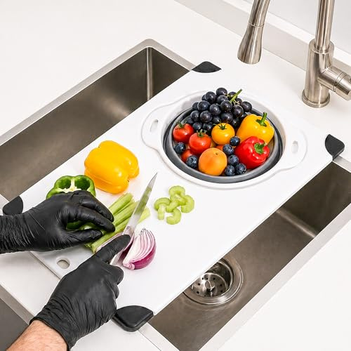 Zyntra Over Sink Chopping Board with Collapsible Colander – 2-in-1 Kitchen Prep Station, Non-Slip Chopping Board with Removable Draining Basket, Space-Saving Sink Cover for Vegetables & Fruit