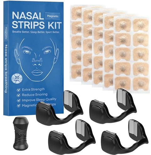 60 Bande Nasale Magnétique,Anti ronflement,Bande avec Aimant Puissant pour Respiration Efficace par le Nez,Aimant Nez Respiration Avec 4 Pinces Nasales Tailles Différentes,pour Sommeil et Sport(Black)