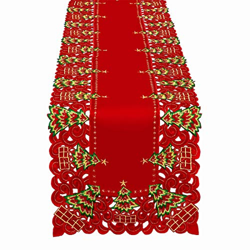 Grelucgo Embroidered Christmas Holiday Holly Tree Table Runner, Dresser Scarf, Rectangular 15 x 70 Inch