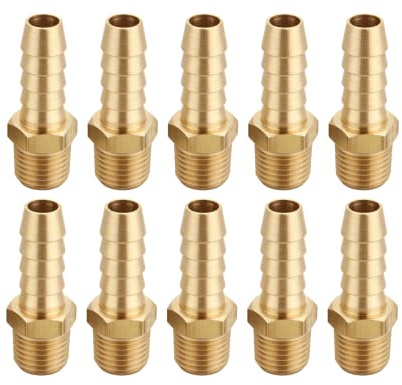 T TANYA HARDWARE 3/8 Inch Hose Barb to 1/4 Inch NPT Male Thread Brass Air Hose Barb Fittings, Brass Barbed Air Hose Repair Connector, (10 Piece)