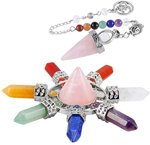 Nupuyai 7 Chakra Rose Quartz Healing Crystal Point Pyramid & Pendulum Set