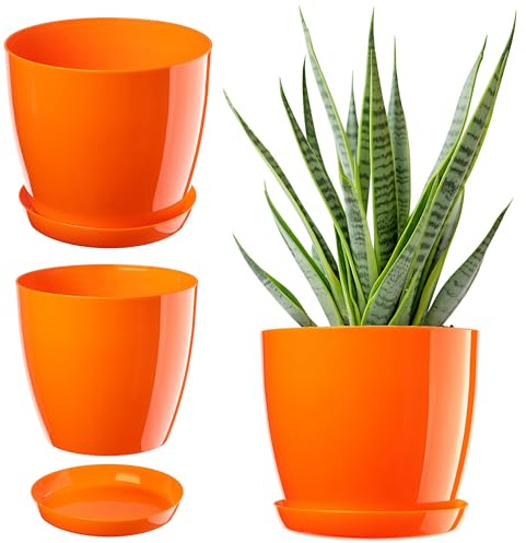 KADAX Elegant blomkruka, växtkruka med fat, rund blomkruka, plastblomkruka, blomskydd, inomhusblomkruka Ø 14 cm orange