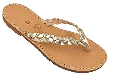 Goldbraune geflochtene Leder-Sandalen im antiken griechischen Stil, römische Damen-Sandalen, handgefertigte Schuhe, Zehenring, Sommer, Riemen, Slipper, flache Flip-Flops 7, Gold - gold - Größe: 44 EU