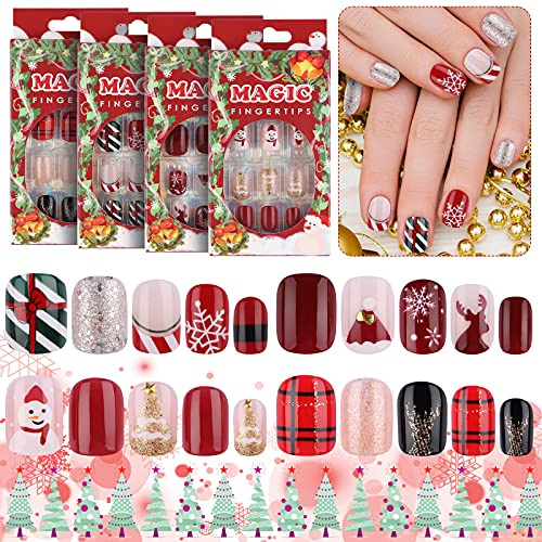 EBANKU Lot de 96 faux ongles courts en acrylique à presser avec 96 languettes adhésives pour ongles, motif flocon de neige, élan, décoration d'ongles pour femmes et filles
