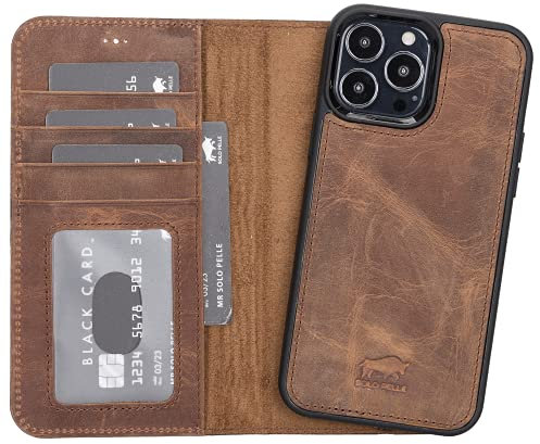 Solo Pelle Lederhülle kompatibel für iPhone 13 Pro Max in 6.7 Zoll abnehmbare Hülle (2in1) inkl. Kartenfächer für das original Apple iPhone 13 Pro Max (Vintage Braun)
