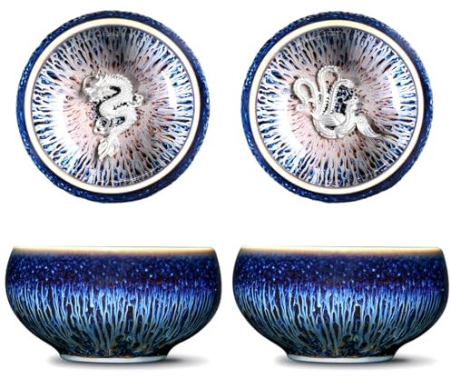 CmengAo Dragon Phoenix Jianzhan Tenmoku Teetassen Set, Handwerk 3D Pfau Glasur Chinesische Kungfu Teetassen (Blau, 60 ml)