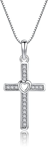 Cherished Moments Children's 925 Sterling Silver Cross Necklace with CZs and Heart for First Communion Gift for Girls, 14 Inch