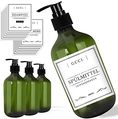 4 Stück 500 ml Seifenspender Flaschen, Leere Plastik Pumpspender für Lotion, Duschgel, Shampoo und Conditioner, Flüssigseifenspender mit Wasserdichten Etiketten für Bad, Küche, Hotel (Grün)