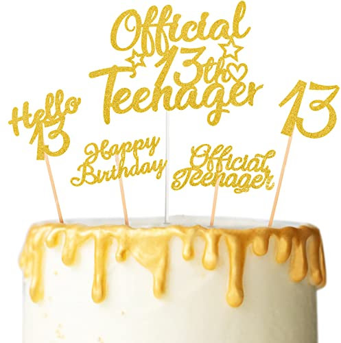 13 Adornos de Tarta Brillantes Decoración de Tarta de 13 Cumpleaños Palillo de Cupcake de Happy Birthday Hello 13 Official Teenager para Magdalenas Pastel Adolescentes Repostería (Oro)