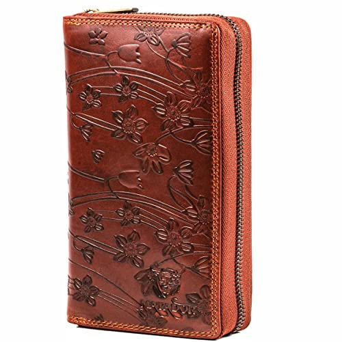 MATADOR XL Karten Portemonnaie Geldbeutel Damen Leder Groß #GIRONA mit edler Geschenk Box, Portmonee Geldbörse Damen Gross mit RFID Blocker, Geldtasche Brieftasche, Damenportemonnaie Blumen Braun