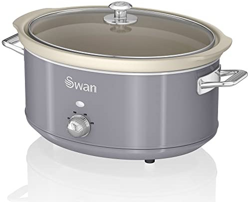 Swan Retro SF17031GRNEU Pentola Cottura Lenta 6,5L Contenitore Estraibile, Antiaderente Ceramica Libera PFOA e PTFE, 3 Livelli Temperatura, Coperchio Vetro, Slow Cooker Design Vintage, Grigio, 320W