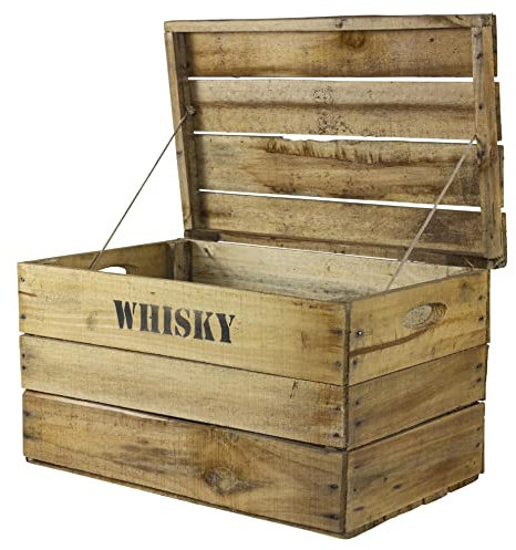 Truhenking Alte Holztruhe mit Deckel und Aufdruck Whisky versch. Größen XS-XXL (50x31x28cm)