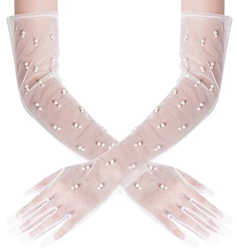 mifengda Pearl Gloves Women Long Tulle Wedding Bridal White Sheer Pearl Gloves Mesh Elbow Length Sheer Glove 1920s Costume Party Sheer Glove for Brides Women Girls(White)