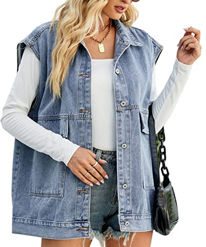 FindThy Women’s Vintage Denim Jean Vest Oversized Button Down Jean Waistcoat Gilet(1481-Blue-XL-LB)