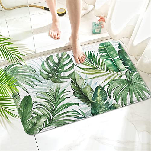 Twyt decor Green Leaf Plant Imitation Cashmere Bathroom Mat Rug - Rubber Non-Slip Absorbent Soft Bathroom Rugs for Bathtub Shower Sinks (17 W x 27 L)