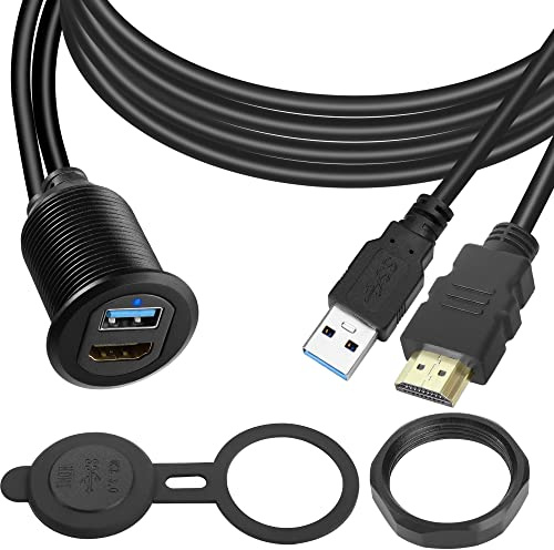 QIANRENON USB3.0 & HDMI Eingebettet Auto Wasserdicht Kabel USB3.0+HDMI 1.4 Gewinde Befestigung Montage Verlängerungskabel, LED-Licht, Al Ehäuse, für Armaturenbrett Auto Boot Moto, 2m/6.5ft