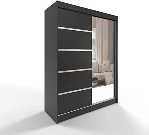 ML Furniture B3 Schiebetüren Kleiderschrank 200 x 215 x 58 cm mit Spiegel - Schlafzimmermöbel, Aufbewahrung - Mehrzweckschrank - Farbe: Schwarz - 2 Schiebetüren