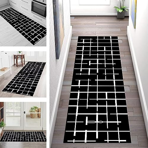 Teppichläufer Lang Küche Läufer Teppich Flur rutschfest waschbar Korridor Tepiche 100X250CM Polyester Teppichmatten Küchenläufer Meterware Teppich Schwarz Weiß Schlafzimmer Wohnzimmer Breit 40-120cm