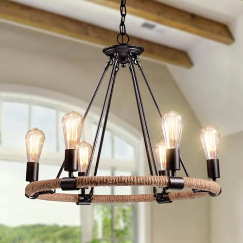 6-Licht-Kronleuchter mit Bauernhaus-Wagenrad, Hängeleuchte mit Hanfseilwicklung, industrielle, runde Vintage-Beleuchtungskörper aus Metall, hängende, moderne Decke für Wohnzimmer, Schlafzimmer