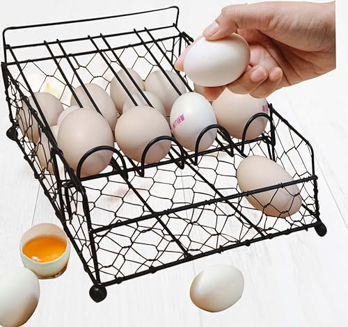 TAIANLE. Wire Egg Basket For Gathering Fresh Eggs with Rolling Tray 2 Tier, Farmhouse Metal Egg Holder Container Countertop, Rustic Display Tray