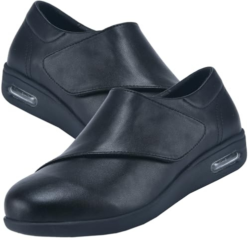 AEHO Chaussures Orthopédiques Pied Large Homme Chaussure Pied Large Femme Hallux Valgus en Cuir Chaussures pour diabétiques Sandales Réglables Pantoufles pour Les Pieds,Noir,46 EU