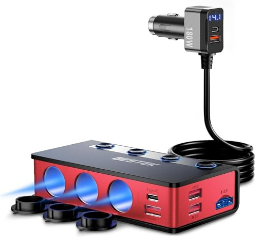 9 IN 1 Zigarettenanzünder Verteiler, BESTEK 180W Auto KFZ Ladegerät Adapter mit 65W PD & 4 Port QC3.0 kfz Ladegerät USB C Stecker Ladekabel Splitter mit LED Licht für Dash/Cam/iPad/GPS, Schwarz & Rot