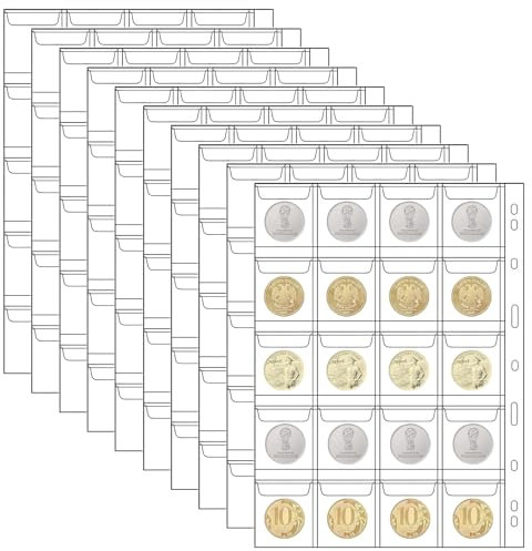 Vueinrg 10 Blatt Münzalbum Münztasche Münztaschenseite mit Standard 9-Loch 20 Fächer Münzsammlungsseiten Sammlermünzen Aufbewahrung Münzblätter für 1 Euro, 2 Euro Münzen