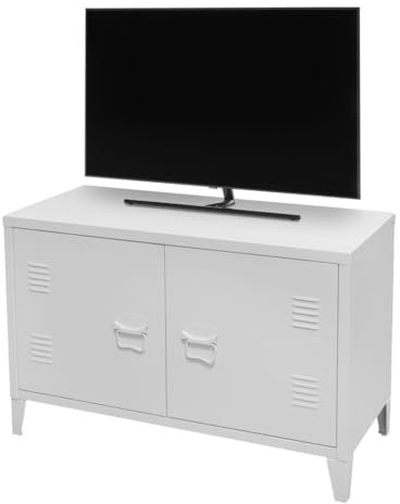 Meublorama Meuble TV Style Industriel avec 2 Portes en métal – Dimensions 100x40x53 cm, Coloris Blanc