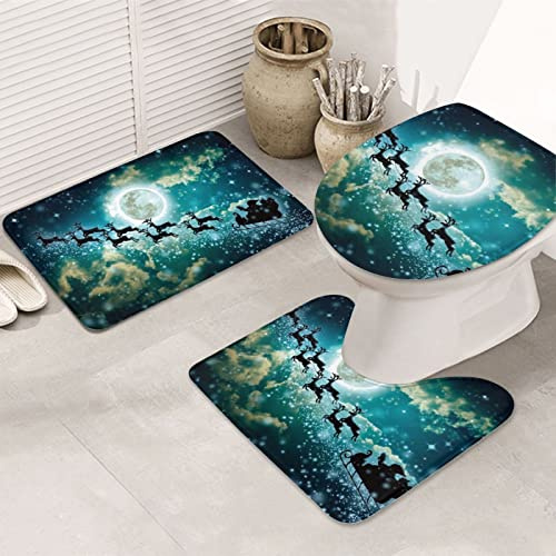 Weihnachts-Badematten-Set aus Flanell, rutschfest, 3-80 x 50 cm, Badematte + U-förmiger WC-Vorleger + O-förmiger Toilettensitzbezug