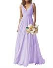 Vestidos largos de gasa para dama de honor, plisados, vestidos formales de noche, Lila, 60