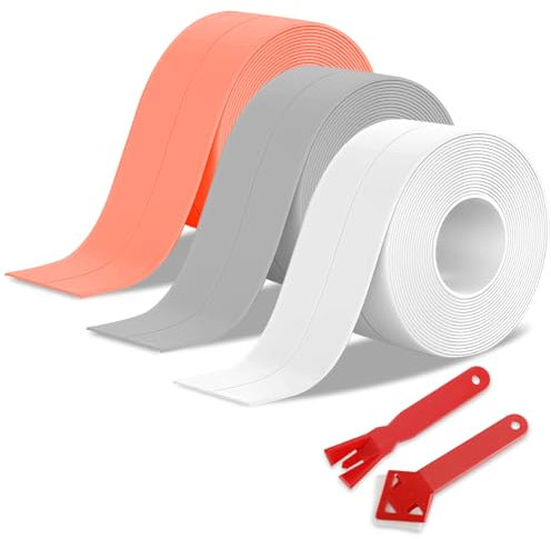 PIWOSGOL 3 rotoli di nastro sigillante autoadesivo, impermeabile, nastro sigillante per fughe con 2 supporti adesivi, nastro sigillante per cucina, bagno, toilette, soffitto (3 colori)