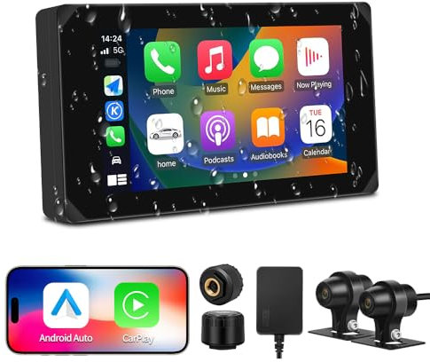 VSYSTO Motorrad Carplay Bildschirm, Tragbare Kabellos CarPlay und Android Auto, 5 Zoll Wasserdichtem Touchscreen 1080P Motorrad-Kamera mit WiFi, Bluetooth, GPS Navigation, Sprachsteuerung, TPMS